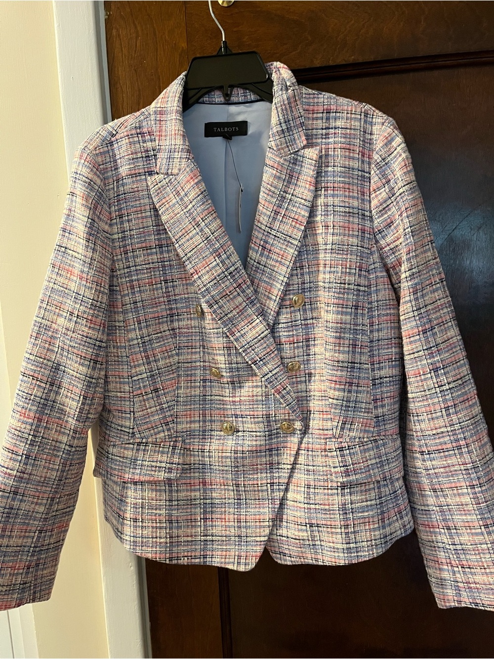 Talbots Pink Multicolor Tweed Double-Breasted Blazer with Gold Buttons size 14